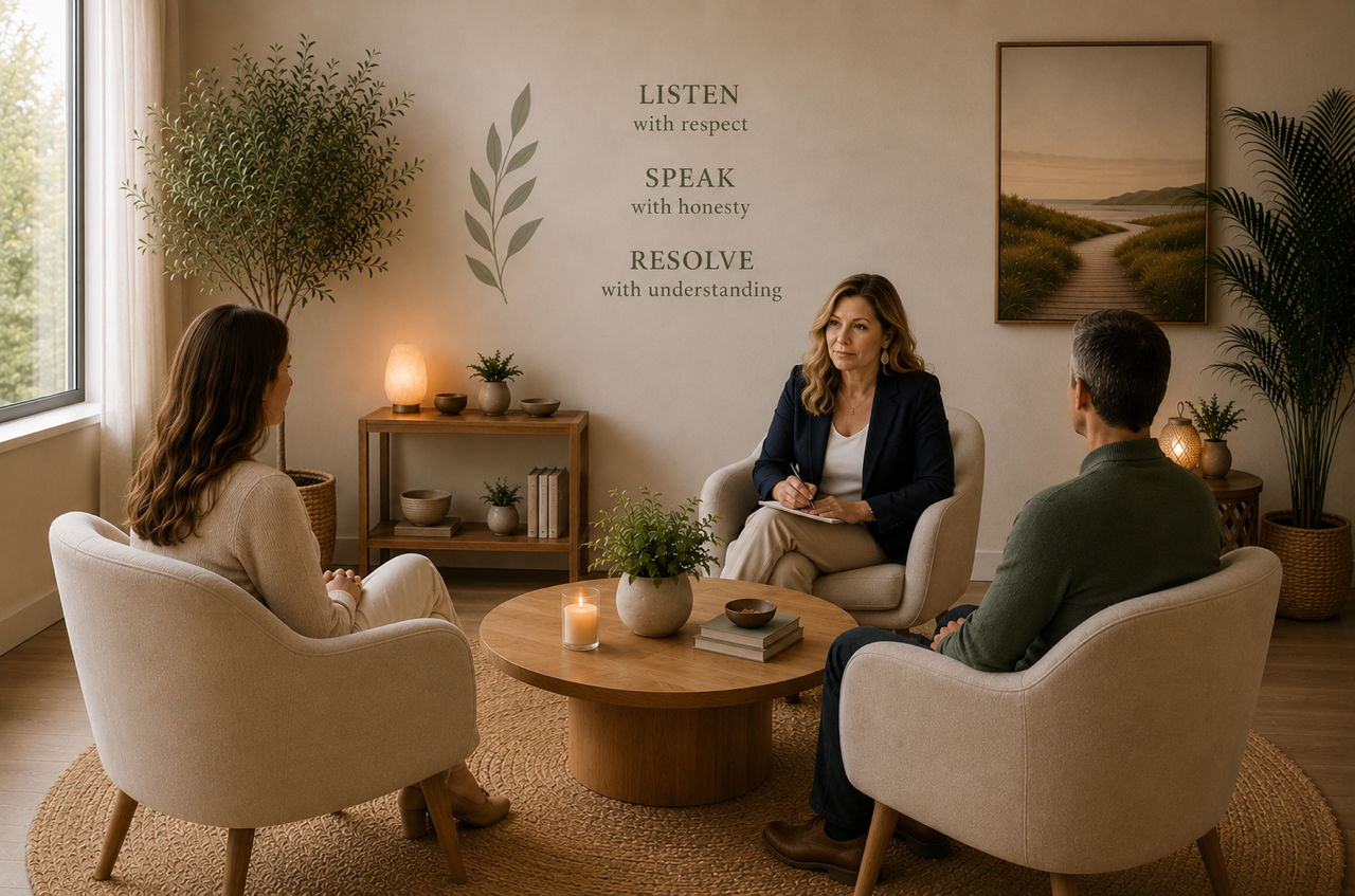 A warm mediation room with comfortable chairs and a counsellor guiding a session